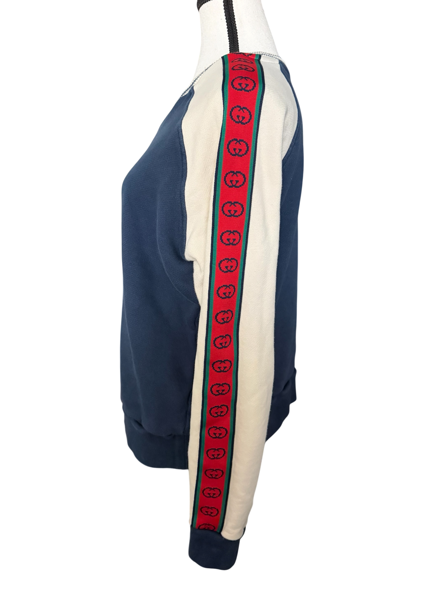 Gucci GG Web Stripe Crewneck Sweatshirt Navy Ivory Red Green Size: Small