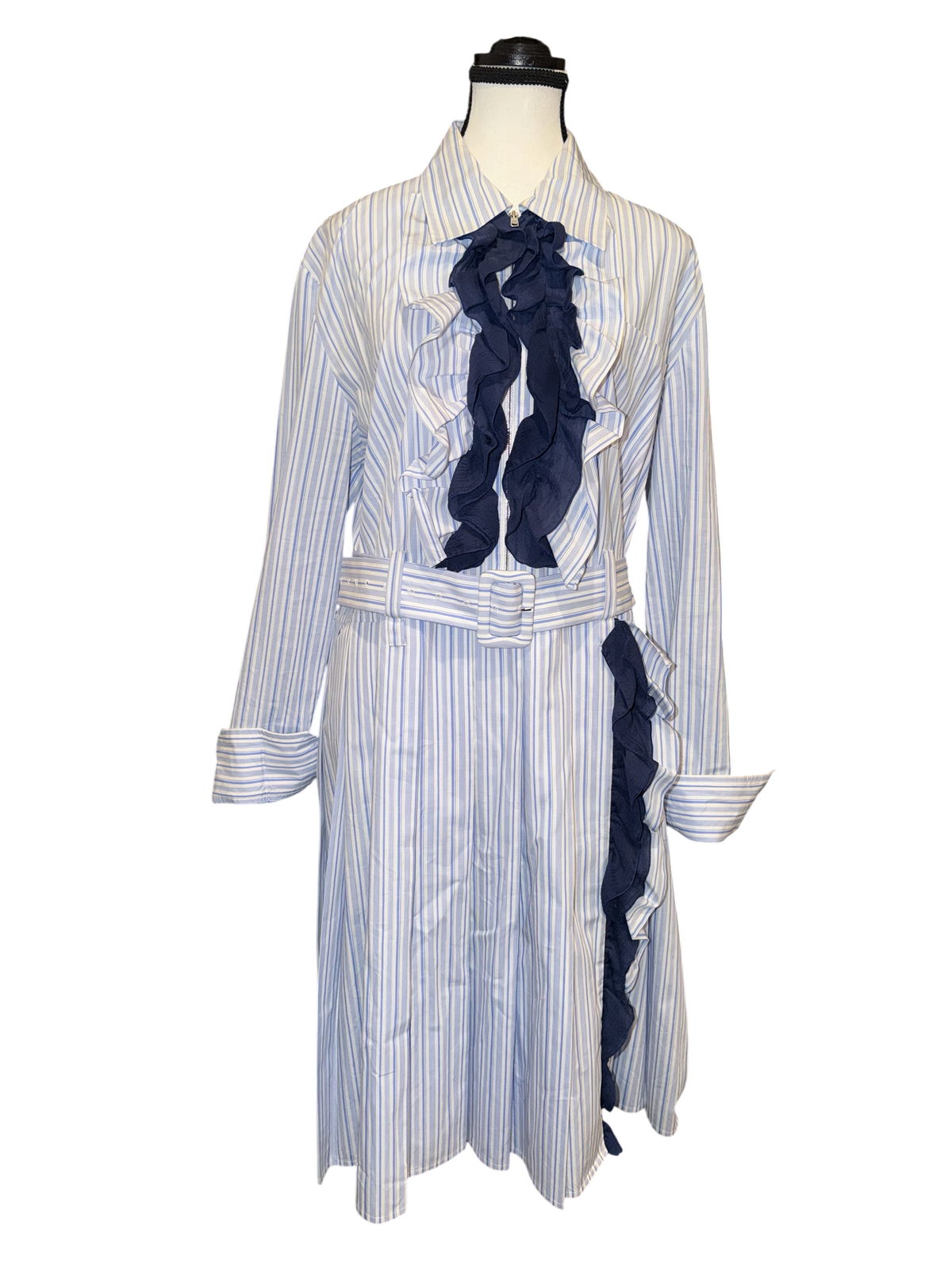 Prada Ruffle-Trimmed Striped Cotton Shirt Dress | IT 48 / US 12