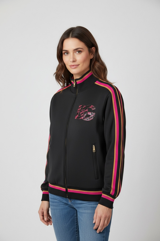 Dolce & Gabbana DG Embellished Logo Track Jacket Black Pink Gold Size 42 / US 6 / New