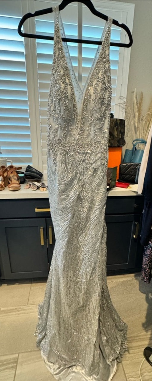 Mac Duggal Silver Sequins Evening Gown (New) Size: 12