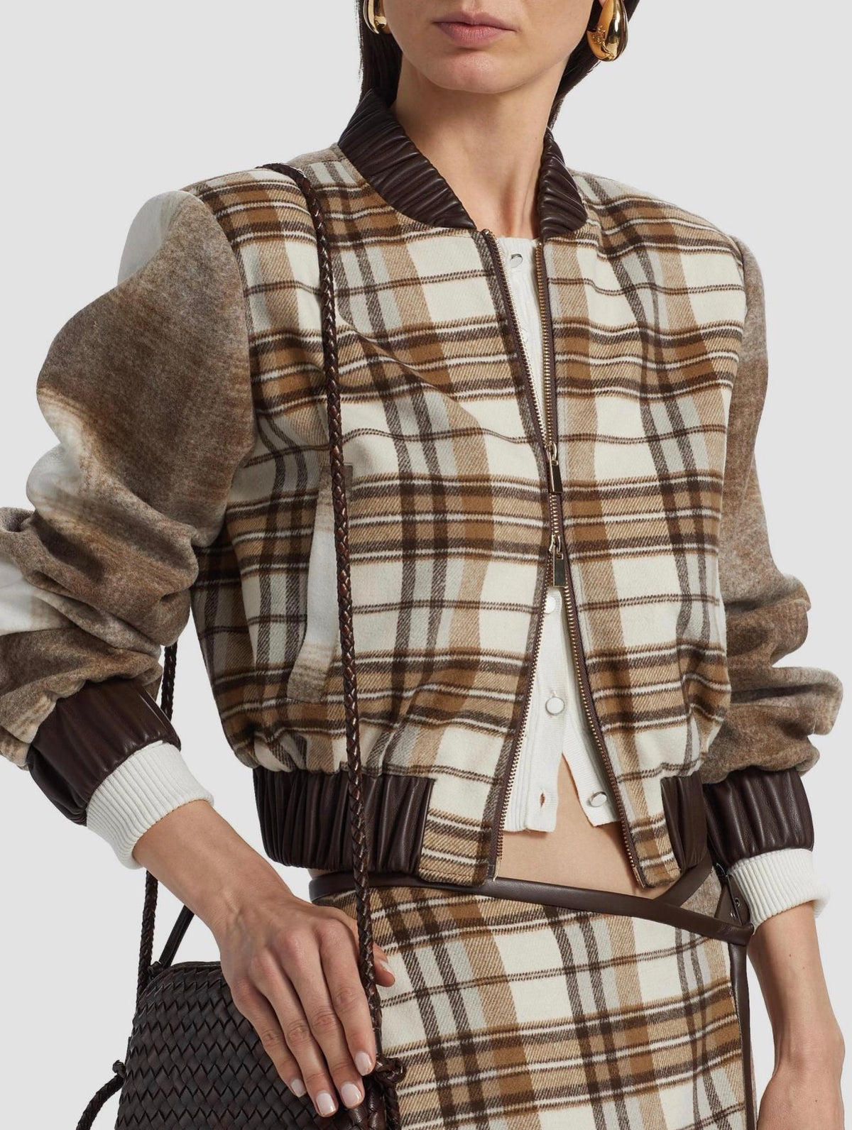 TOCCIN Mixed Plaid Bomber Jacket – Brown & Cream | XL | NWT | $625