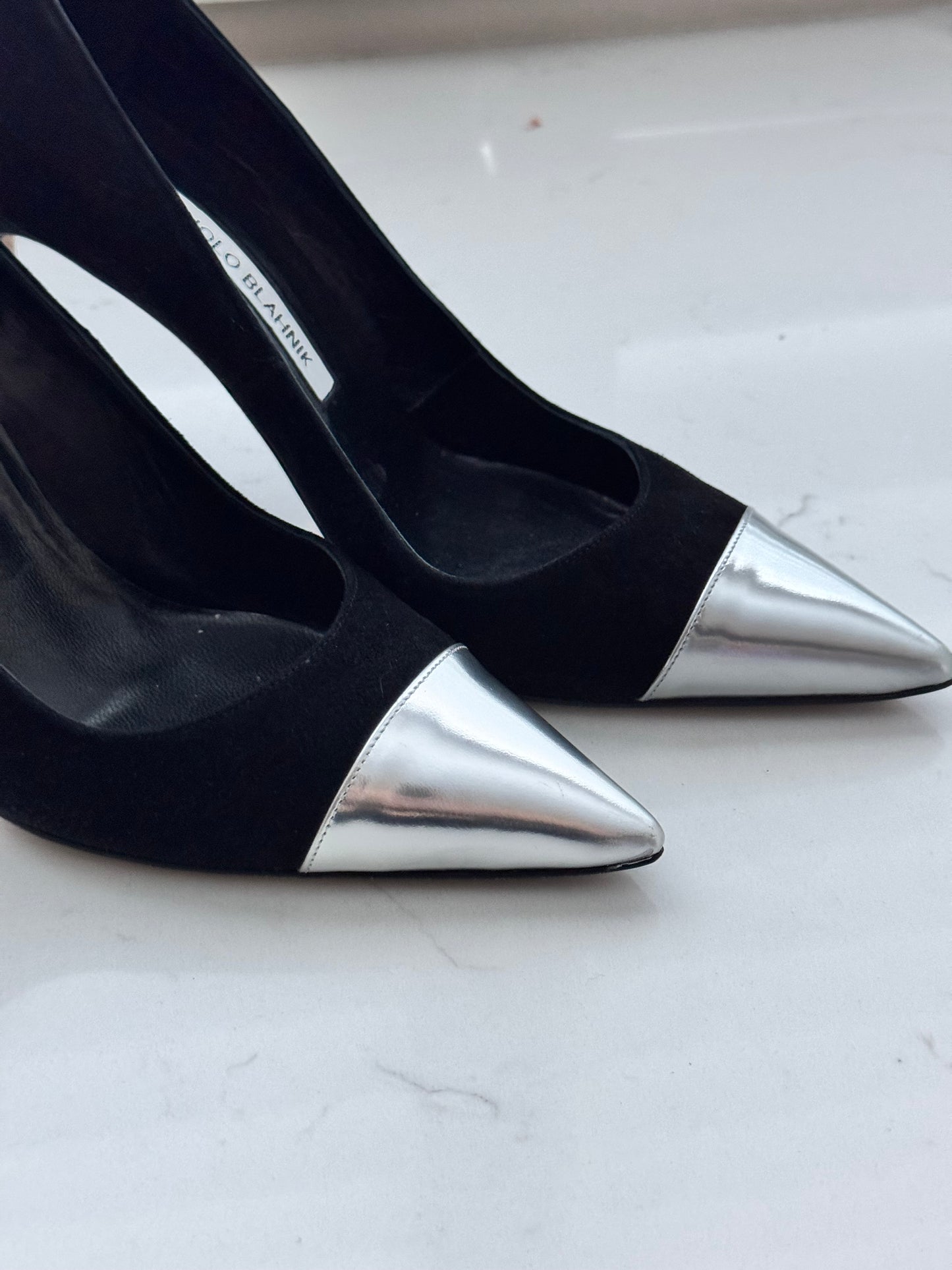 MANOLO BLAHNIK Black Suede/Silver Pumps Size: 38.5 (Like New)