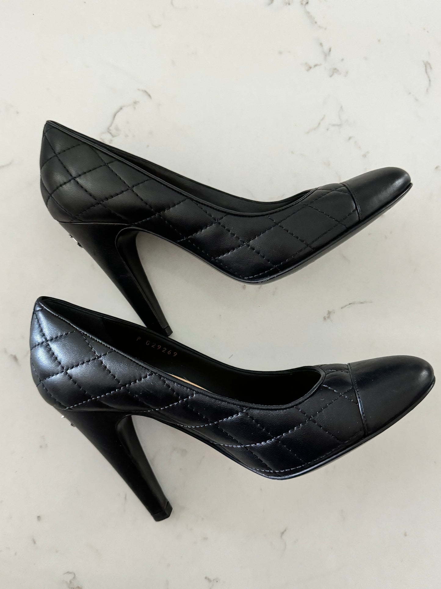 CHANEL Lambskin Quilted Black CC Cap Toe Pumps (Pre-Loved) Size: 35/US 5