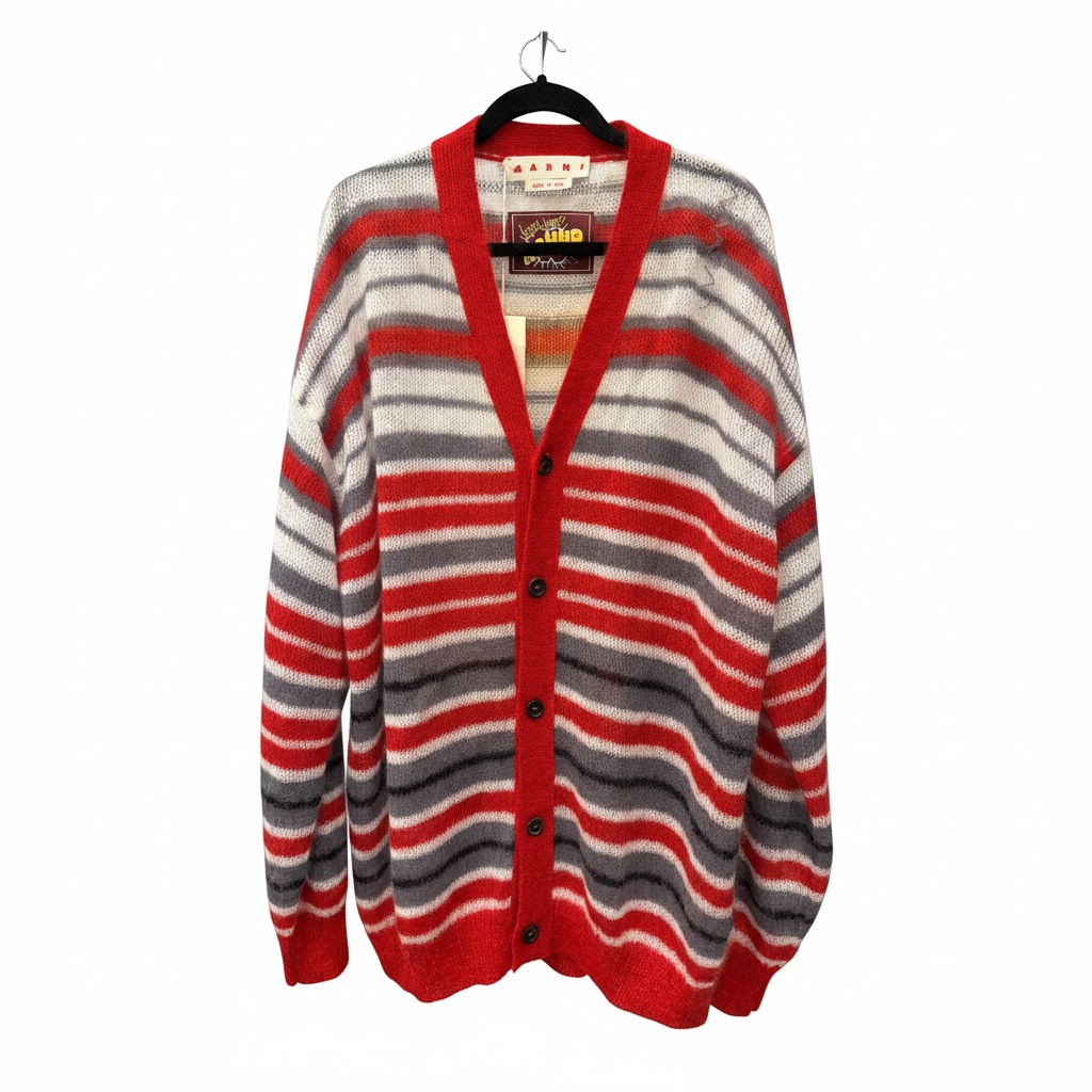 Marni Mohair Blend Striped Cardigan Size 56 Oversized Red Grey Fuzzy Knit Made in Italy | NWT