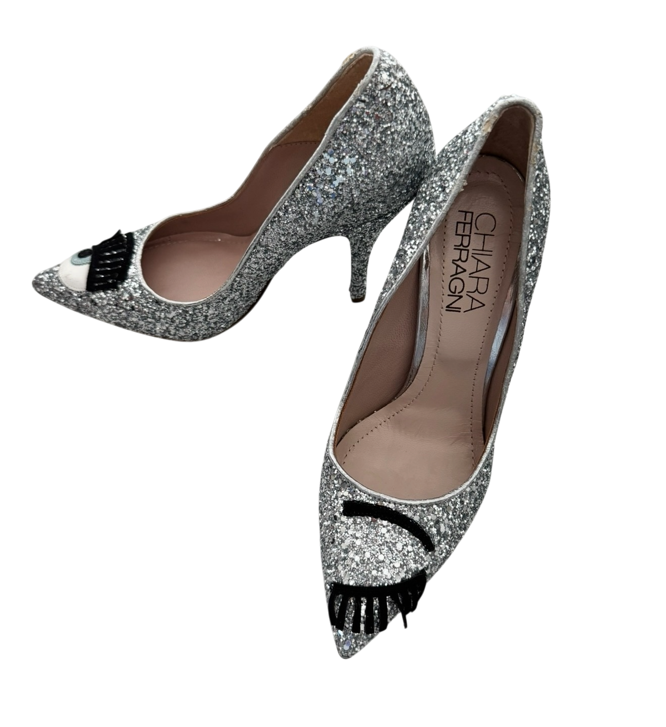 Chiara Ferragni Silver Glitter Wink Eye Pointed Toe Pumps Heels | NIB | Size 35 | Made in Italy