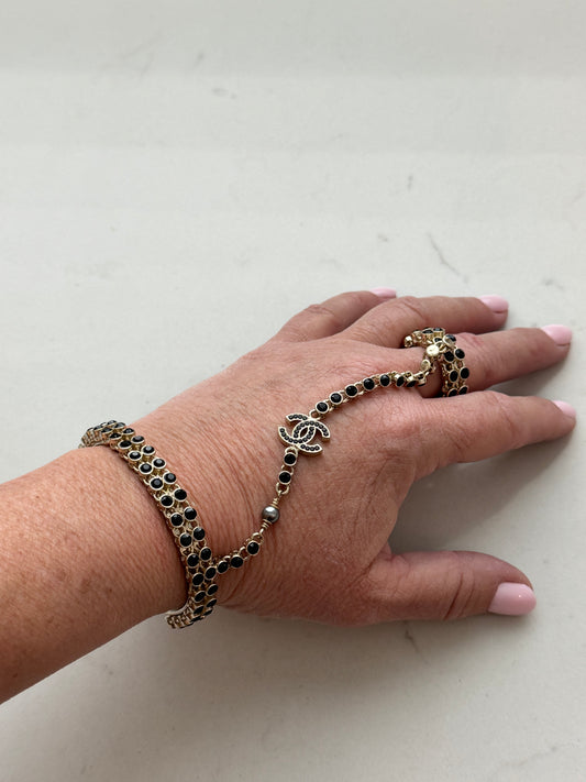 Chanel Gold Black Crystal Cuff Bracelet with Ring