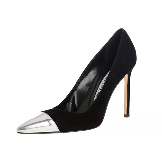 MANOLO BLAHNIK Black Suede/Silver Pumps Size: 38.5 (Like New)