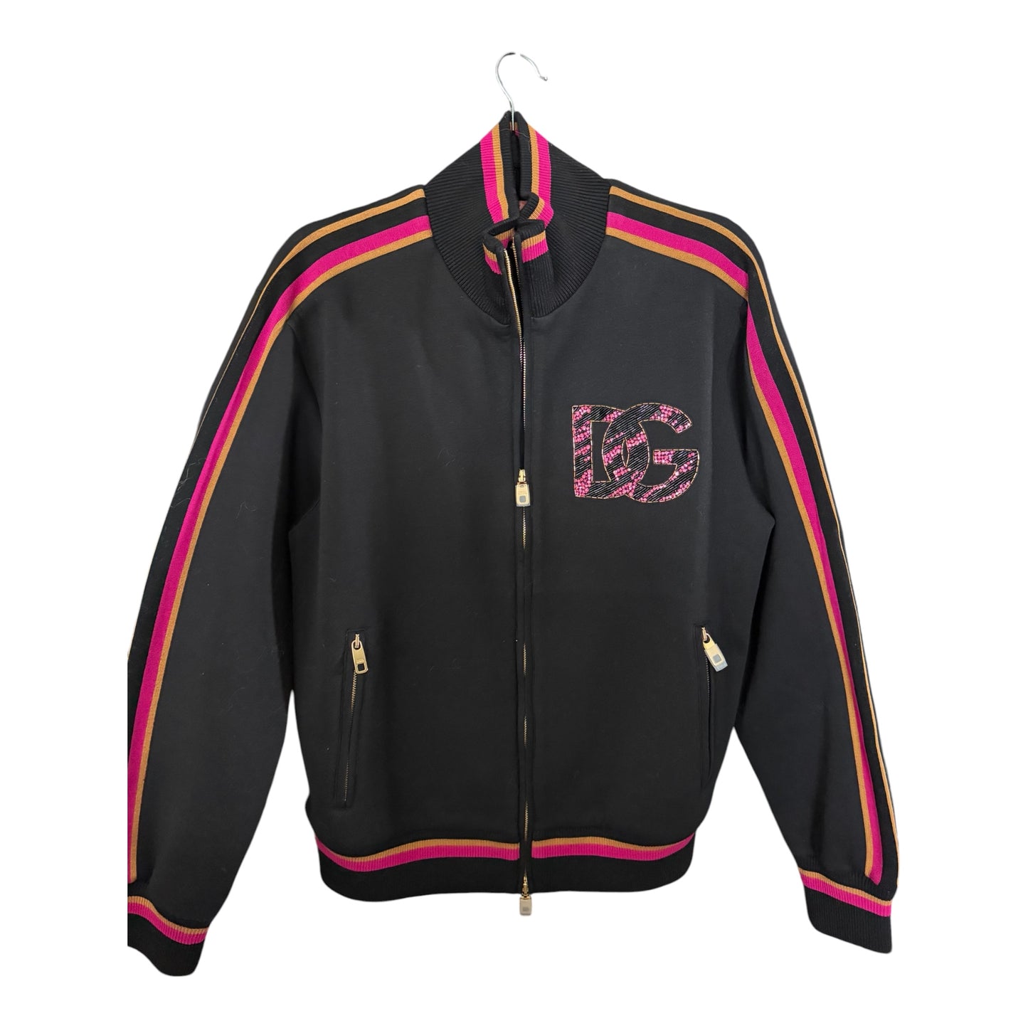 Dolce & Gabbana DG Embellished Logo Track Jacket Black Pink Gold Size 42 / US 6 / New