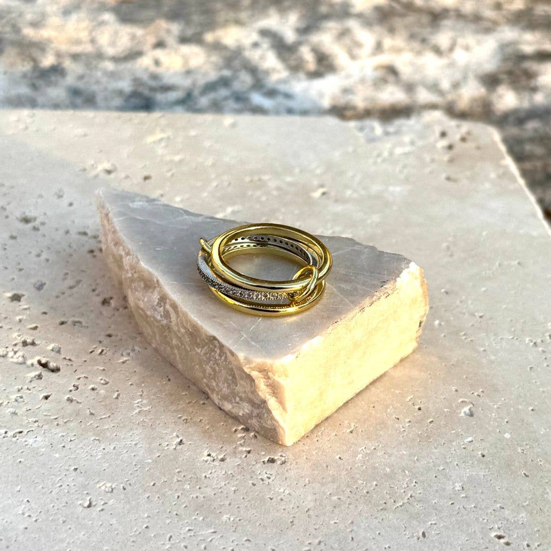 14k Gold and Silver Plated Connected 3-Piece Ring Stack: 7