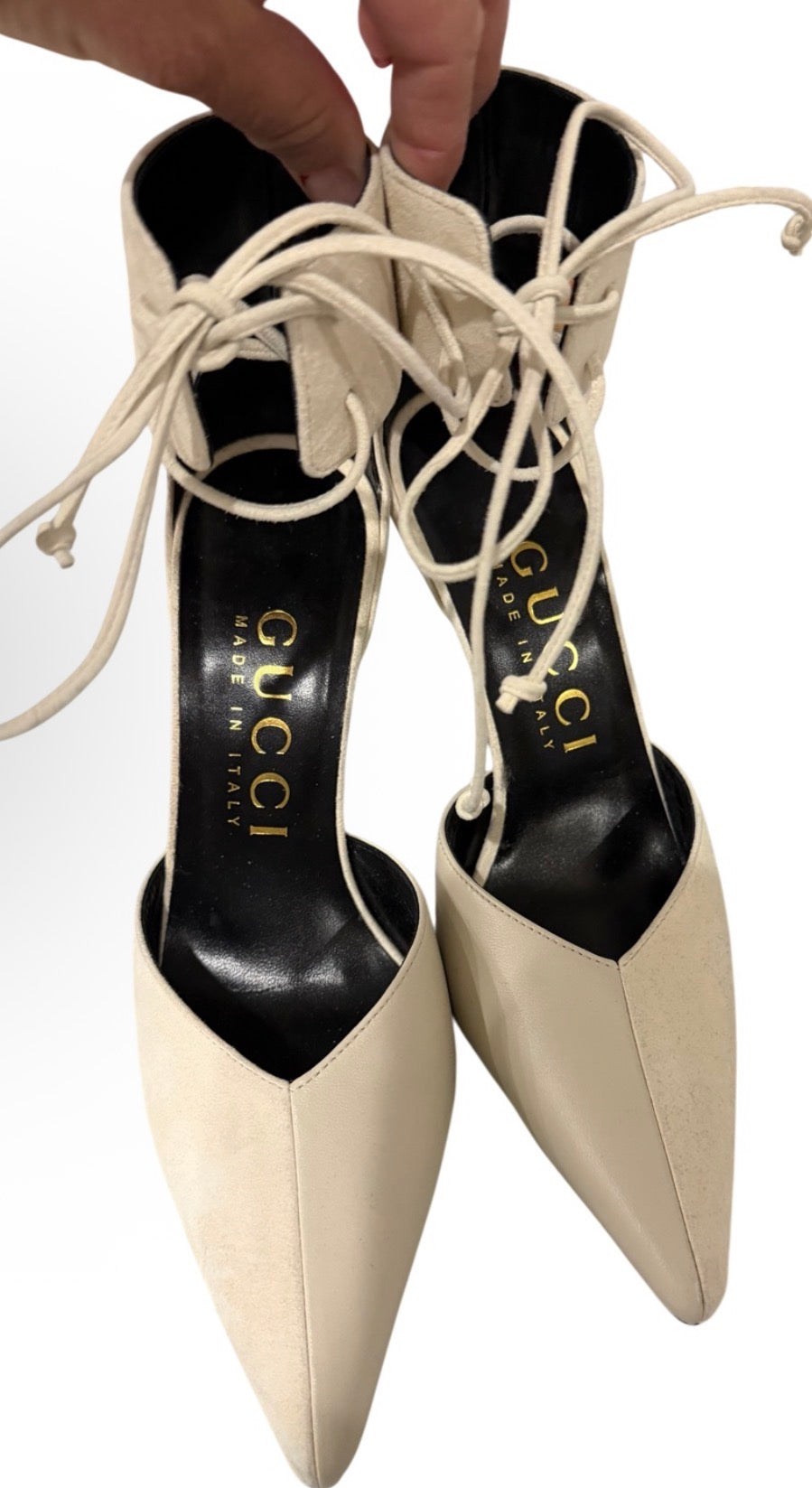 Gucci Ivory Lace-Up Pointed-Toe Pumps with Gold-Tone Heel | Size 37