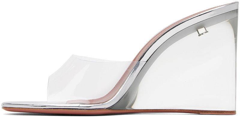 Amina Muaddi Clear PVC & Silver Mirror Wedge Sandals – Size 36.5 – NIB