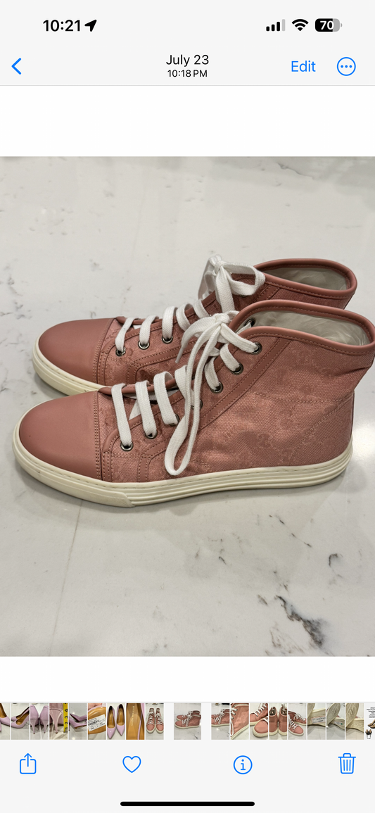 GUCCI GG Pink High Top Canvas and Leather Sneakers (Preloved) Size: 36.5