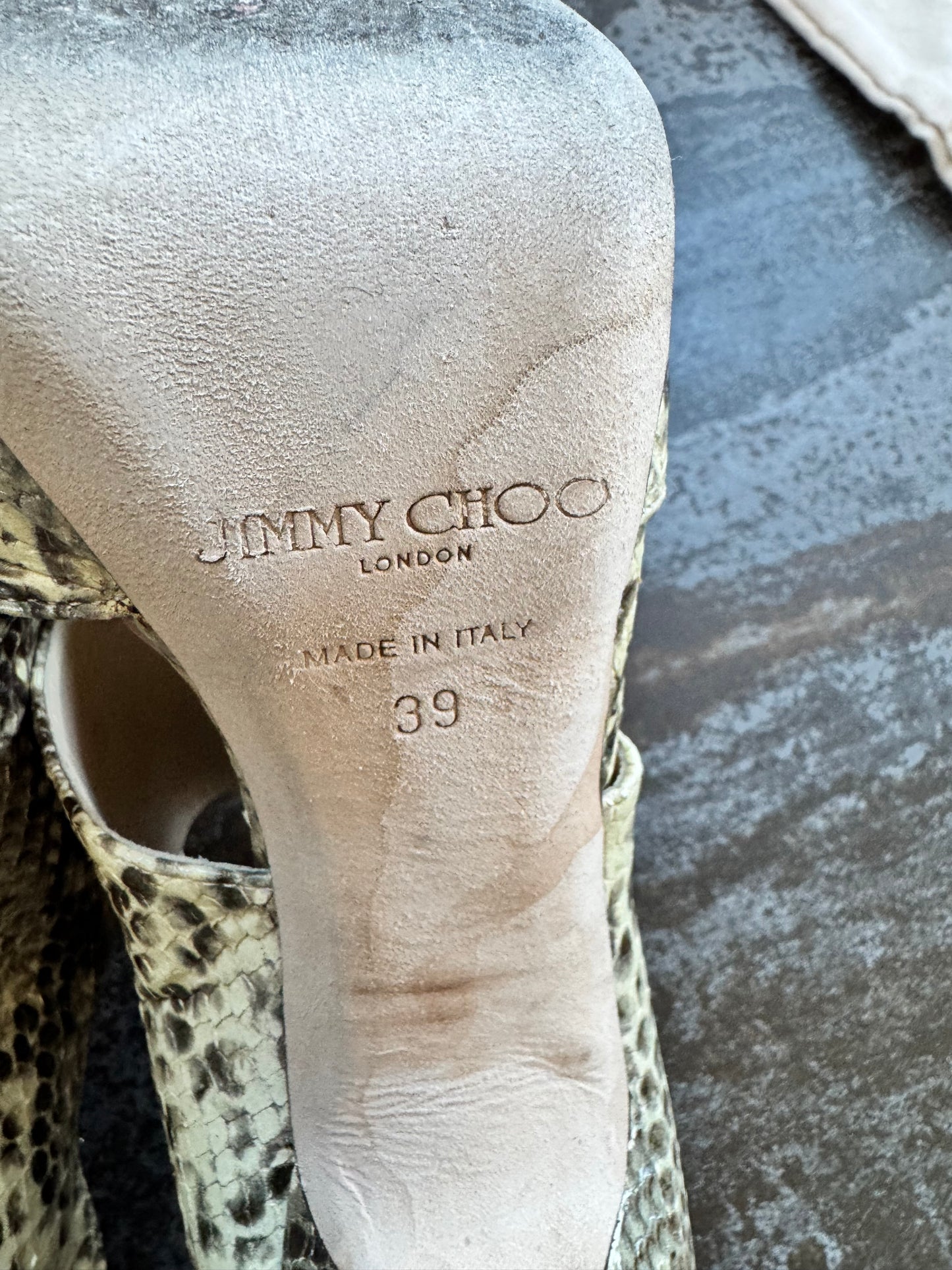 JIMMY CHOO Metallic Print Snake Embossed Leather Black Private Heels Size: 39 (Pre-Loved)