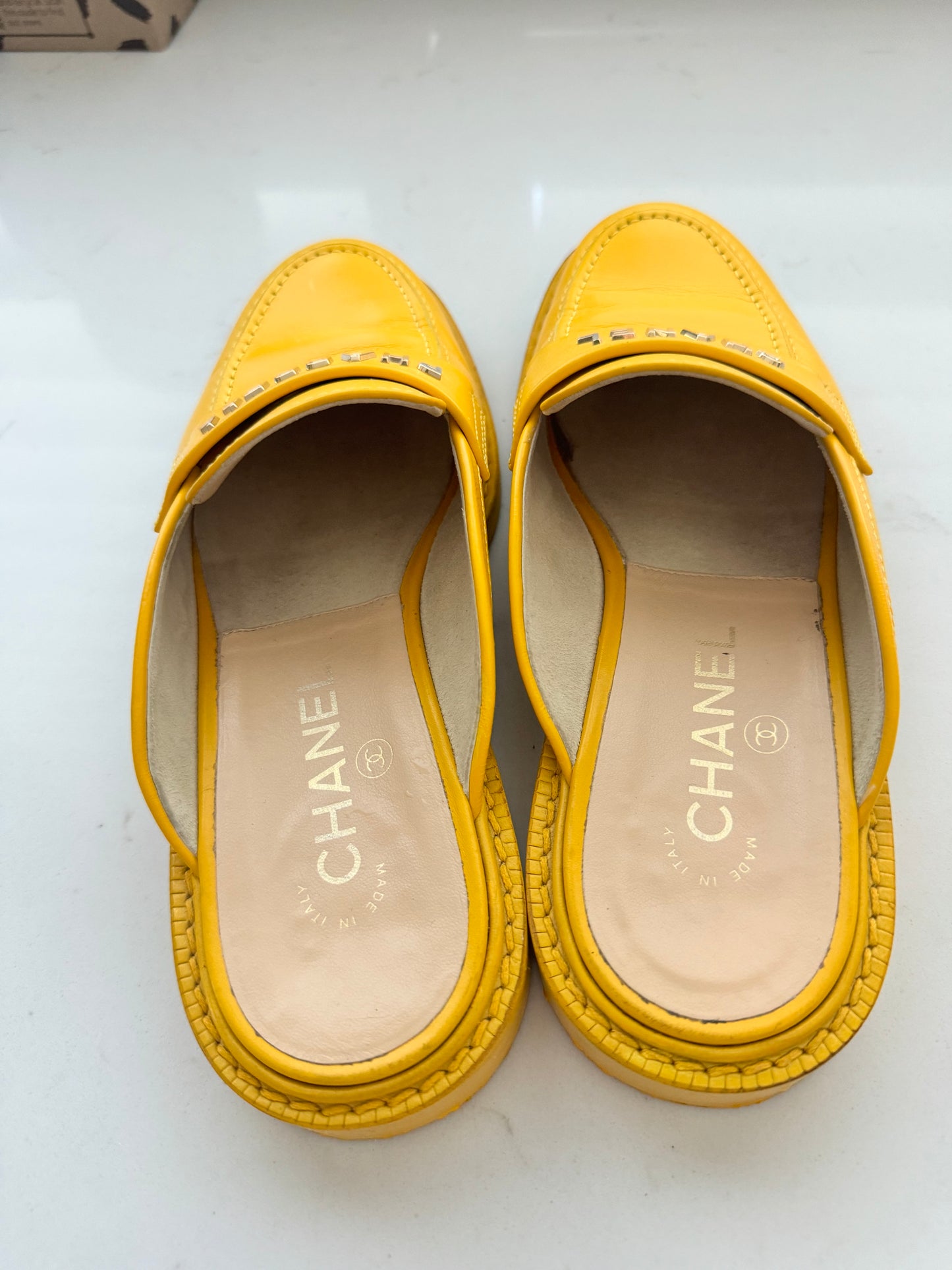 2019 Chanel "Pharrell" Jaune Leather Mules (Pre-Loved) Size: 7