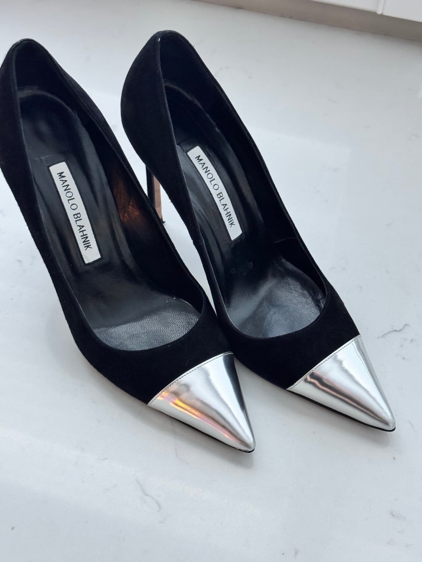 MANOLO BLAHNIK Black Suede/Silver Pumps Size: 38.5 (Like New)