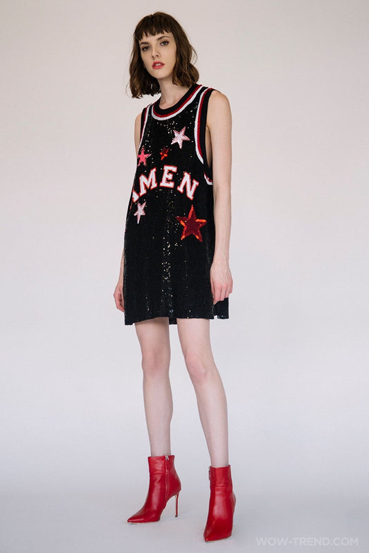 AMEN Black Sequin Star Logo Tank Dress – Paillettes Mini – One Size