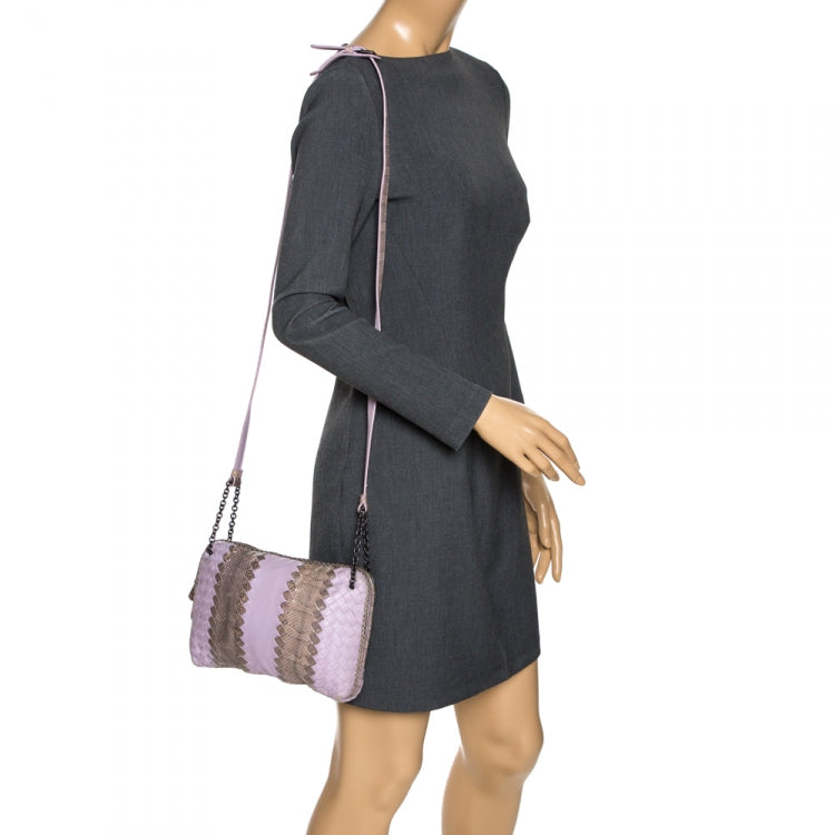 Bottega Veneta Vintage Lavender Intrecciato Leather & Snakeskin Crossbody Bag (Preloved)