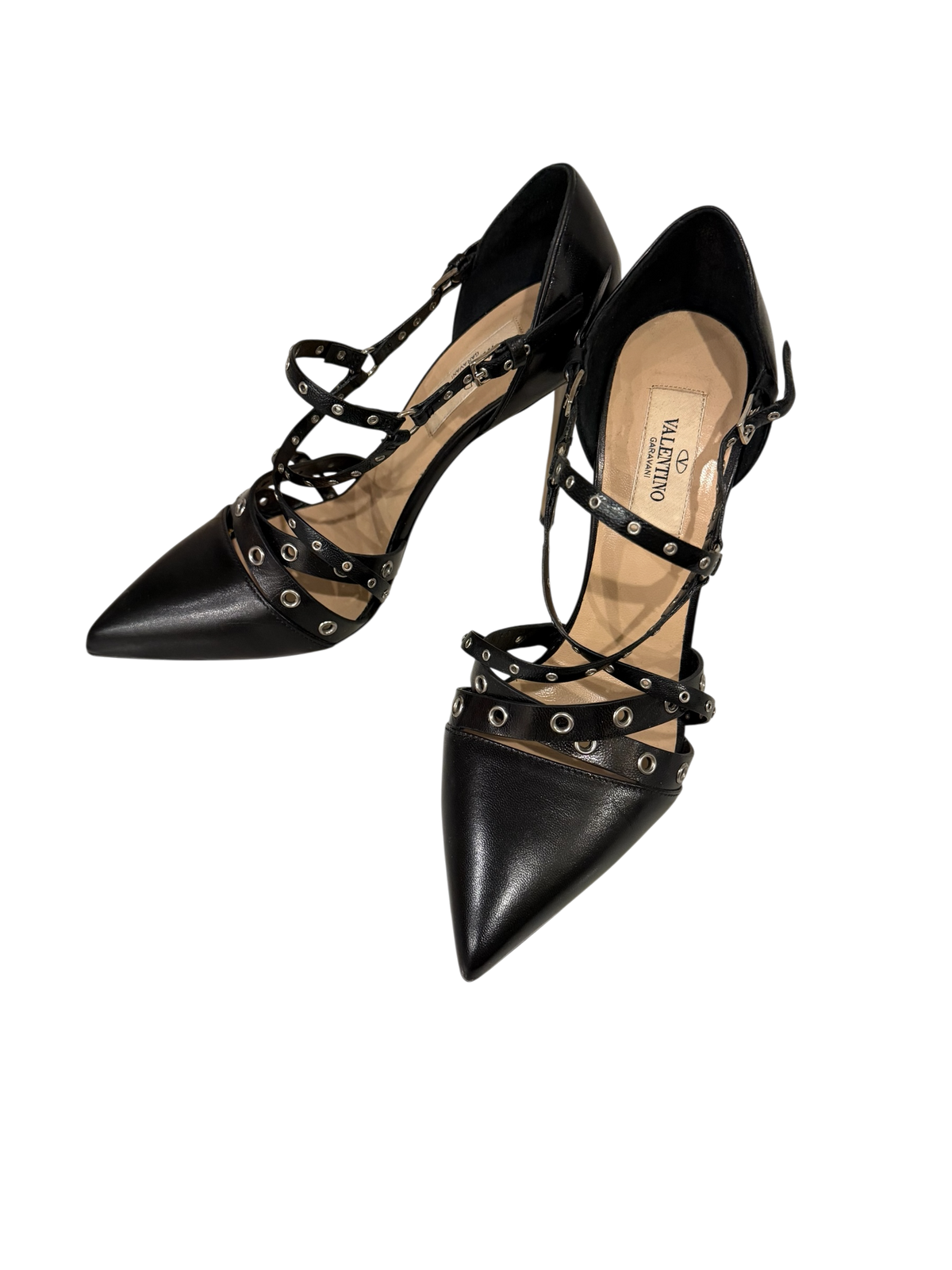 Valentino Garavani Black Leather Studded Pointed-Toe Pumps – Size 37.5