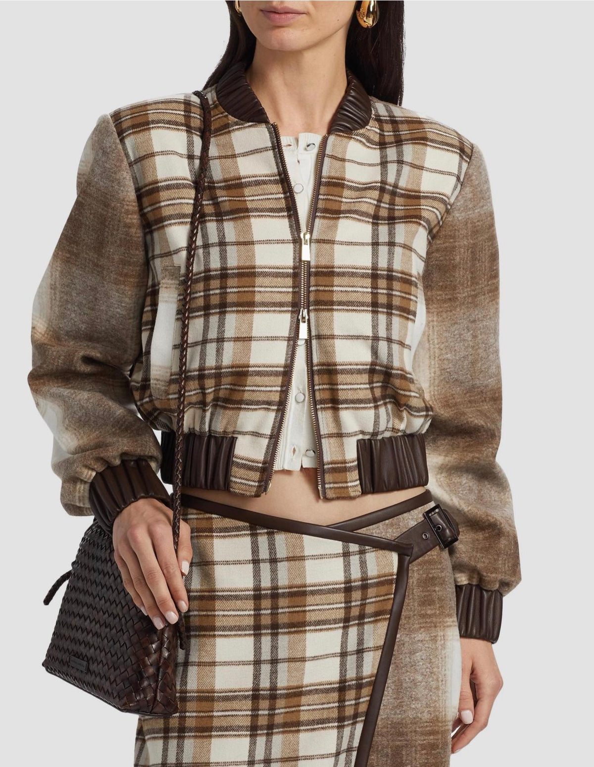 TOCCIN Mixed Plaid Bomber Jacket – Brown & Cream | XL | NWT | $625
