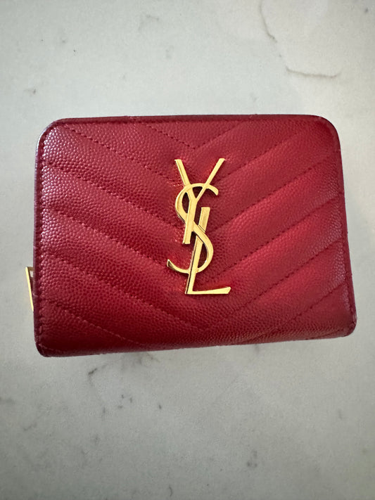 YSL Red CASSANDRE MATELASSÉ compact zip around wallet in grain de poudre leather