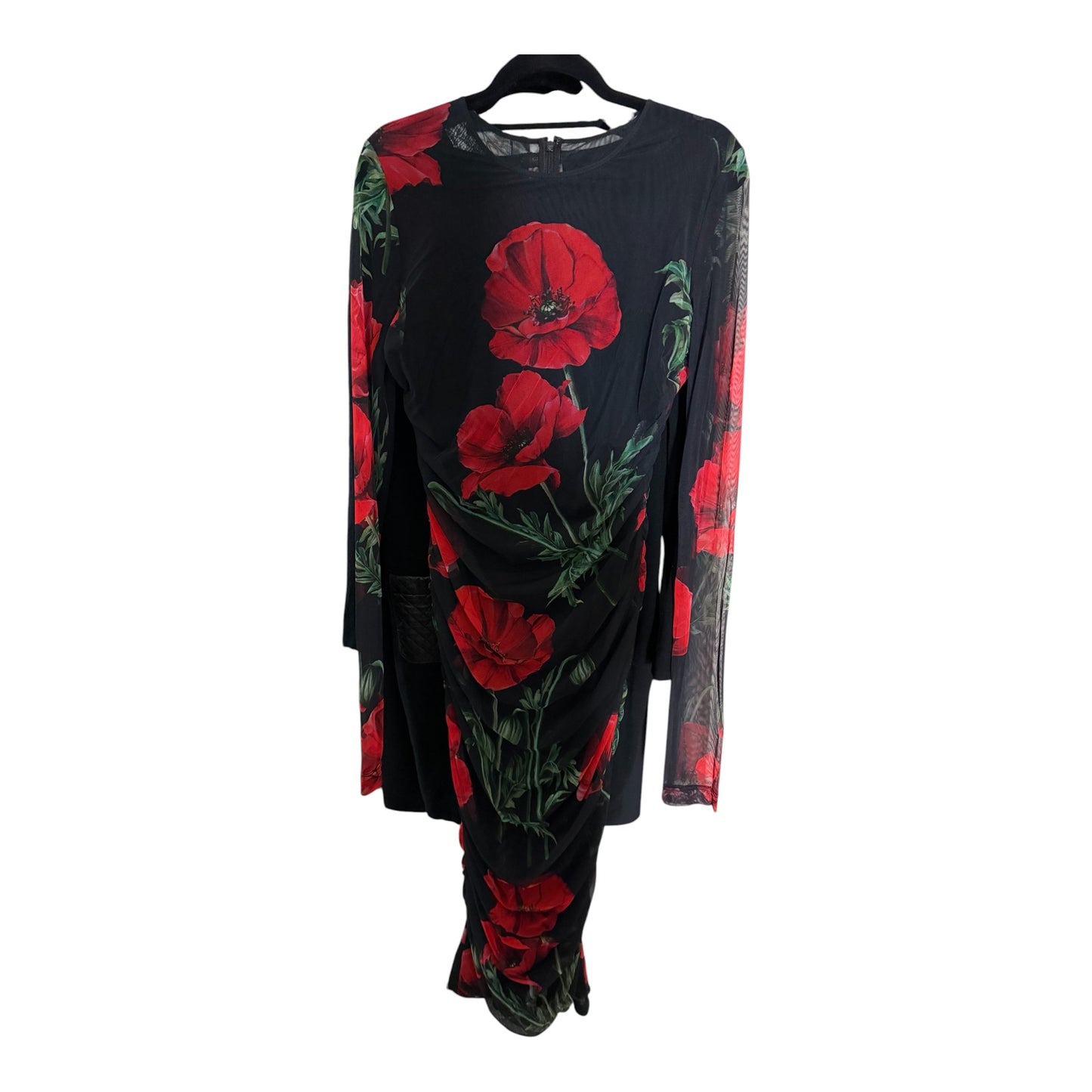 Dolce & Gabbana Poppy Print Ruched Mesh Midi Dress Black Red Floral | NWT | IT 48 / US 12