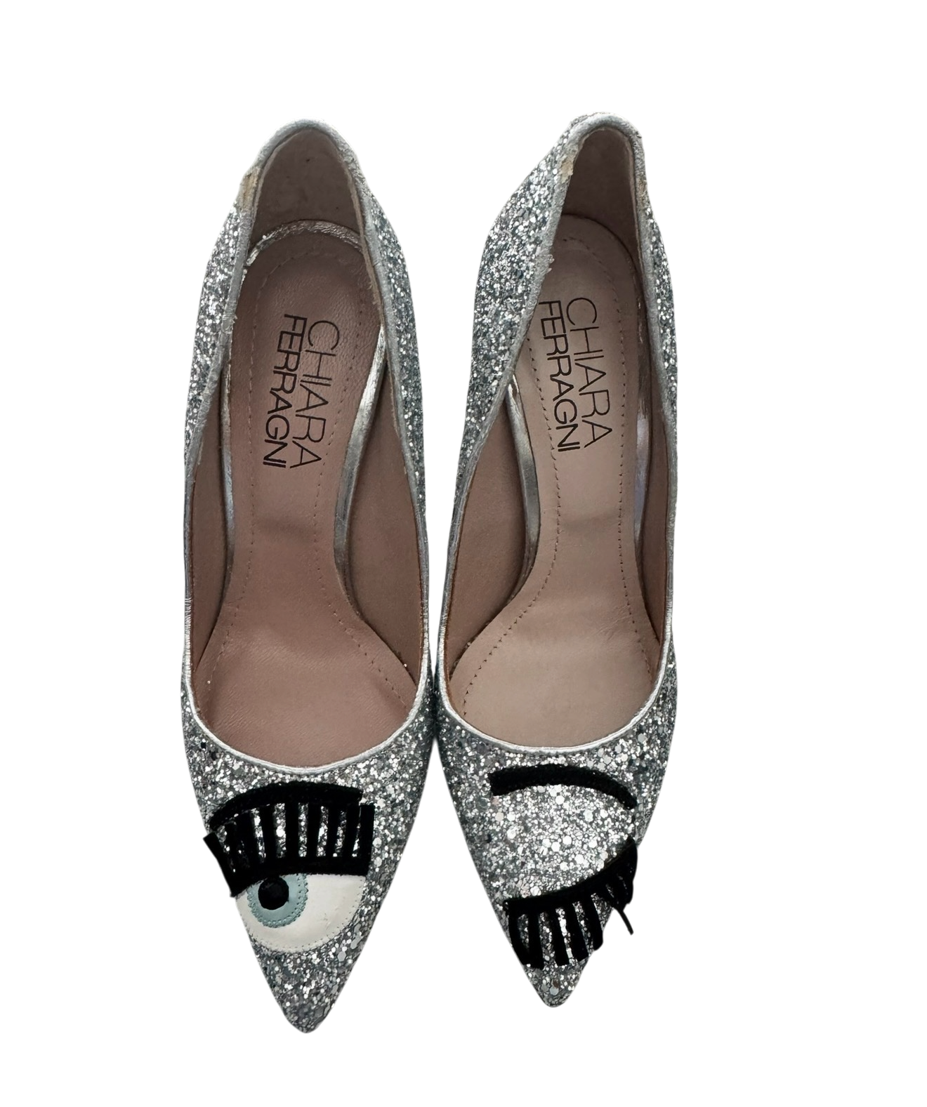 Chiara Ferragni Silver Glitter Wink Eye Pointed Toe Pumps Heels | NIB | Size 35 | Made in Italy