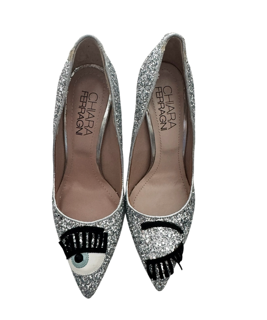 Chiara Ferragni Silver Glitter Wink Eye Pointed Toe Pumps Heels | NIB | Size 35 | Made in Italy