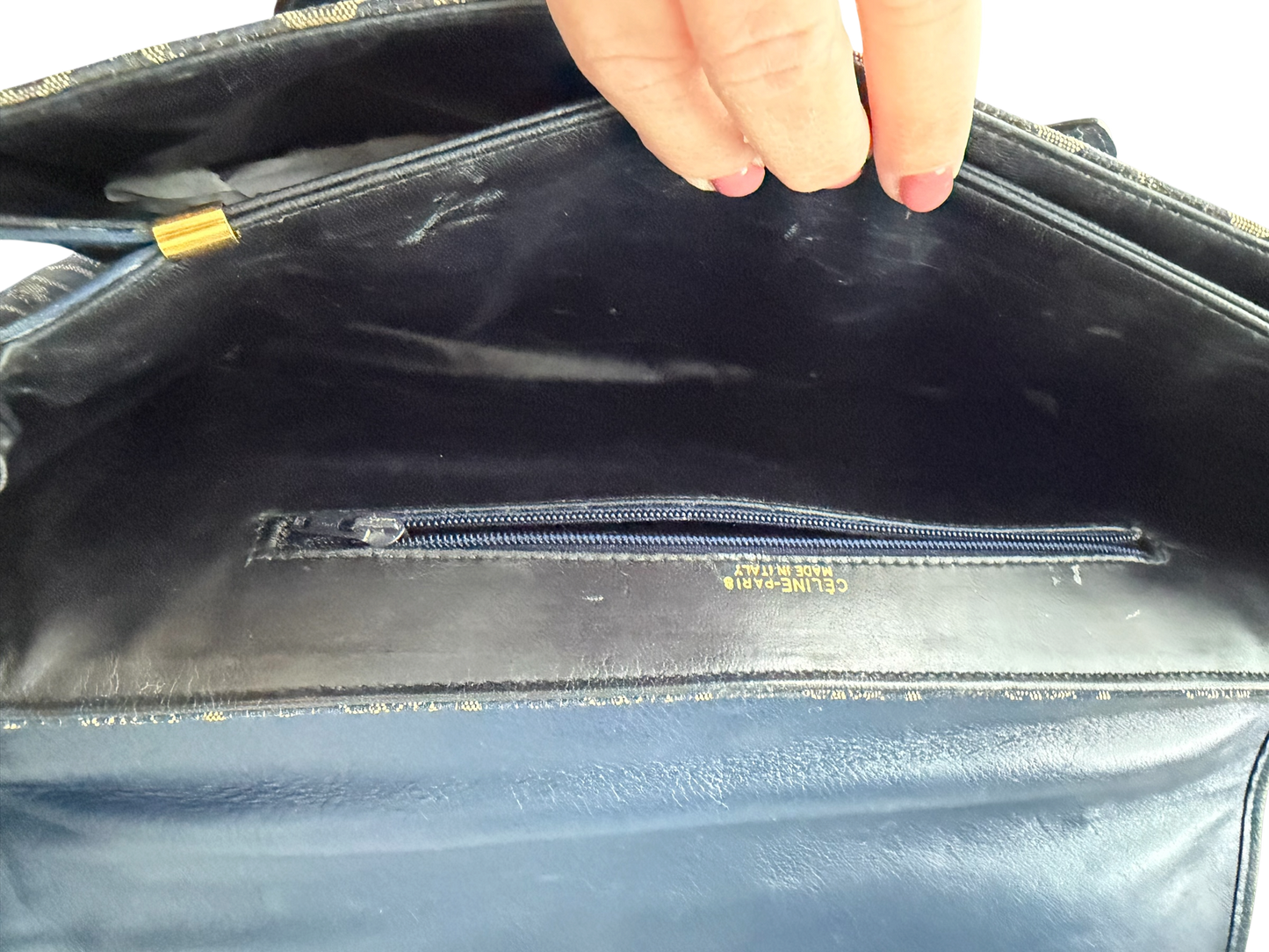 Vintage Celine Monogram Horse Carriage Top Handle Bag – Navy Canvas & Leather Satchel | Made in Italy