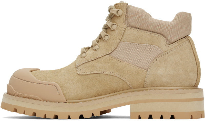 Marni Beige Suede Patchy Combat Boots Chunky Lug Sole Logo Toe Cap Size EU 44 | US 11 NIB