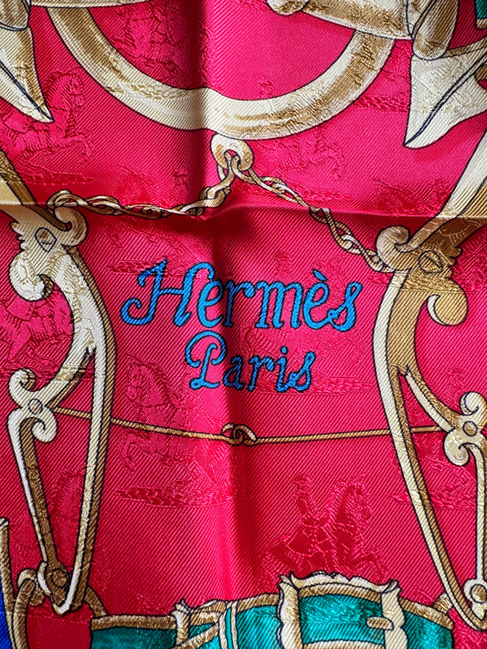 HERMES Vintage "L" instruction Du Roy En L exercice De Monter a Cheval  Silk Print Scarf