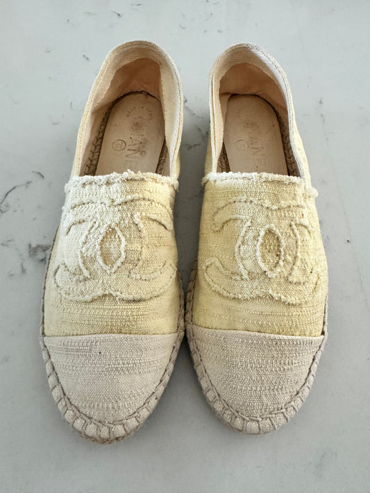 CHANEL - Yellow/Ivory Canvas Espadrilles Size: 38