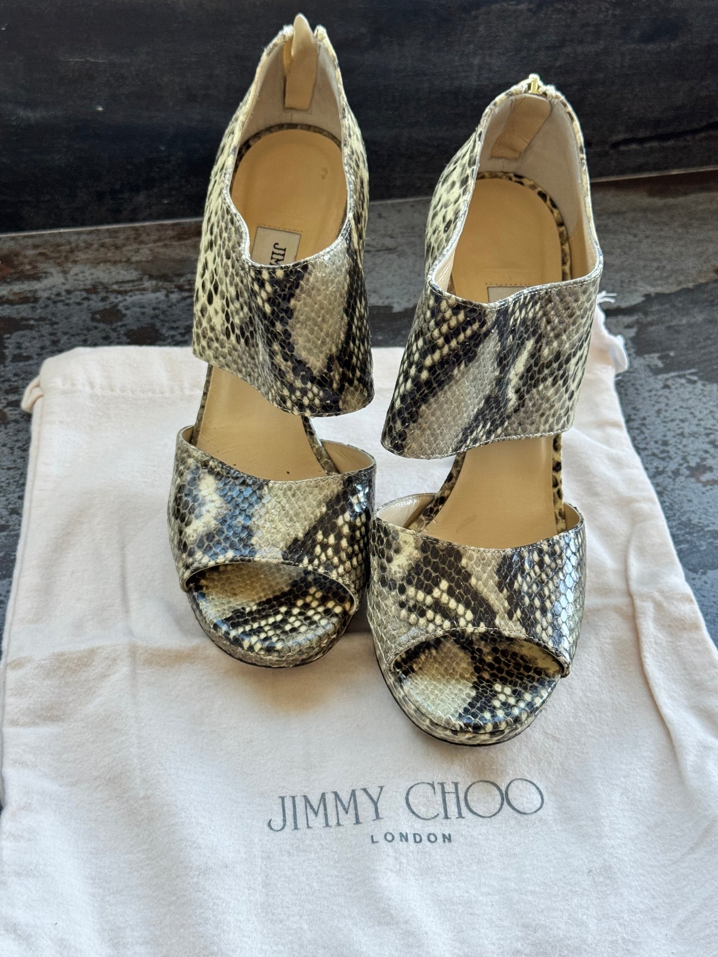 JIMMY CHOO Metallic Print Snake Embossed Leather Black Private Heels Size: 39 (Pre-Loved)