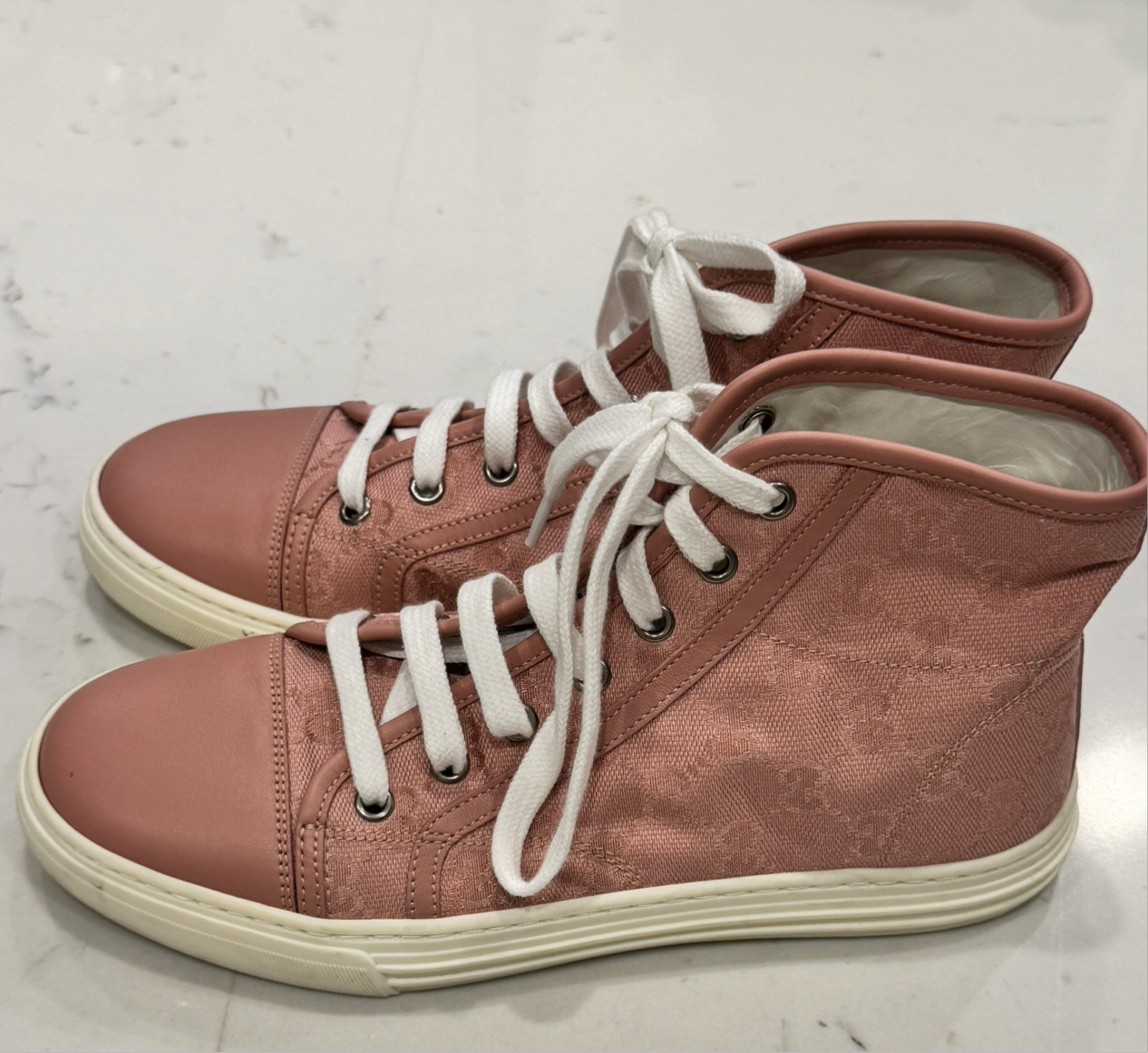 GUCCI GG Pink High Top Canvas and Leather Sneakers Size: 36.5 (Preloved)