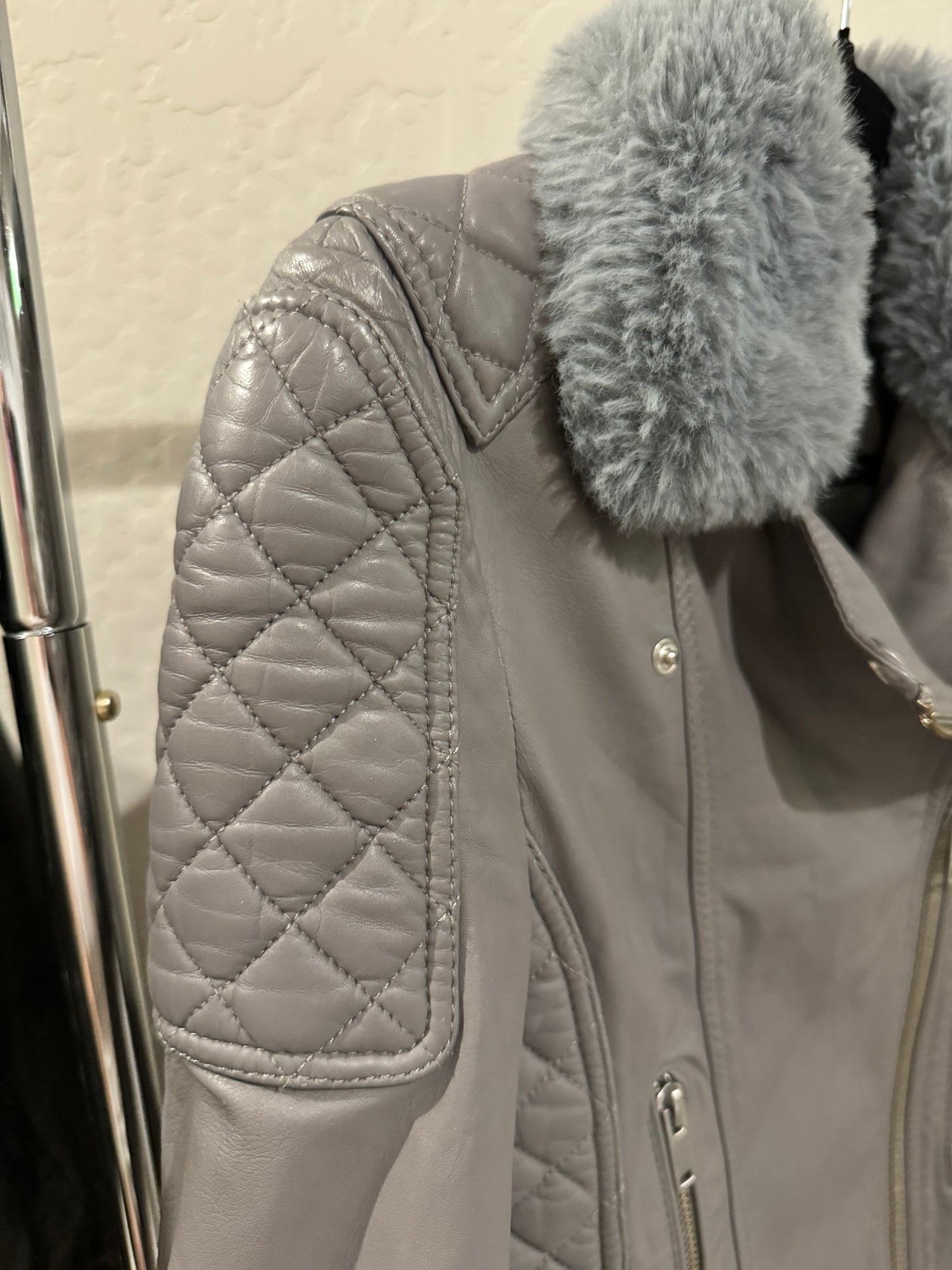 Samantha Sipos Quilted Grey Leather Biker Jacket (Pre-Loved) Size: XS