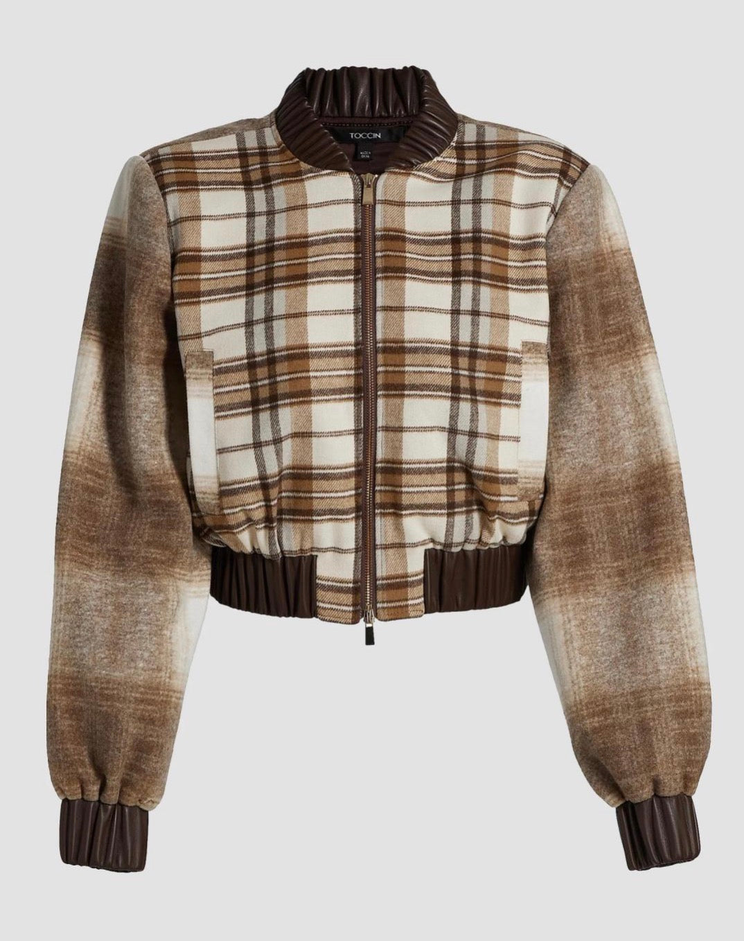 TOCCIN Mixed Plaid Bomber Jacket – Brown & Cream | XL | NWT | $625