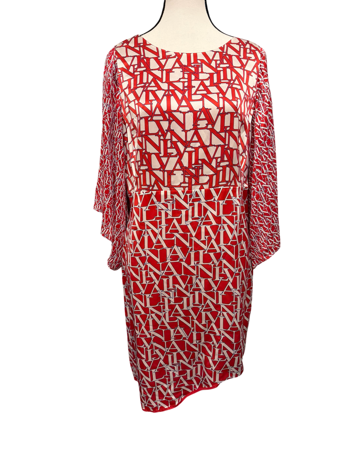 Lanvin Ruby Silk Logo Print Dress with Sheer Sleeves Size 48/US 12