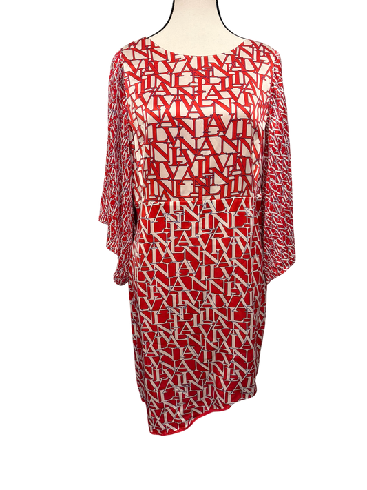Lanvin Ruby Silk Logo Print Dress with Sheer Sleeves Size 48/US 12