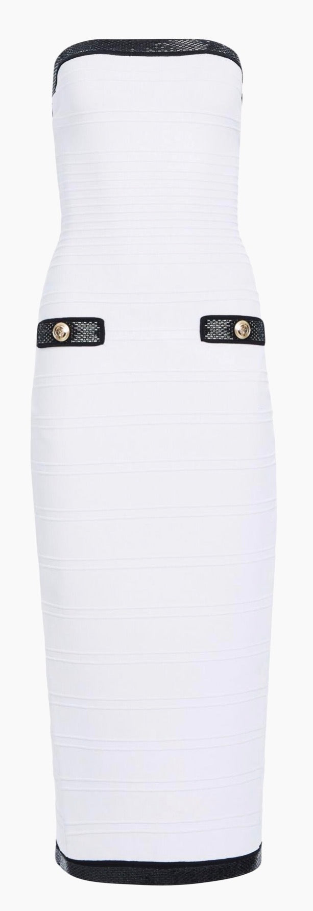 Retrofête White & Black Strapless Bandage Midi Dress with Gold Buttons – Size Large NWT
