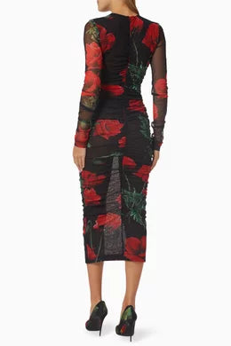 Dolce & Gabbana Poppy Print Ruched Mesh Midi Dress Black Red Floral | NWT | IT 48 / US 12