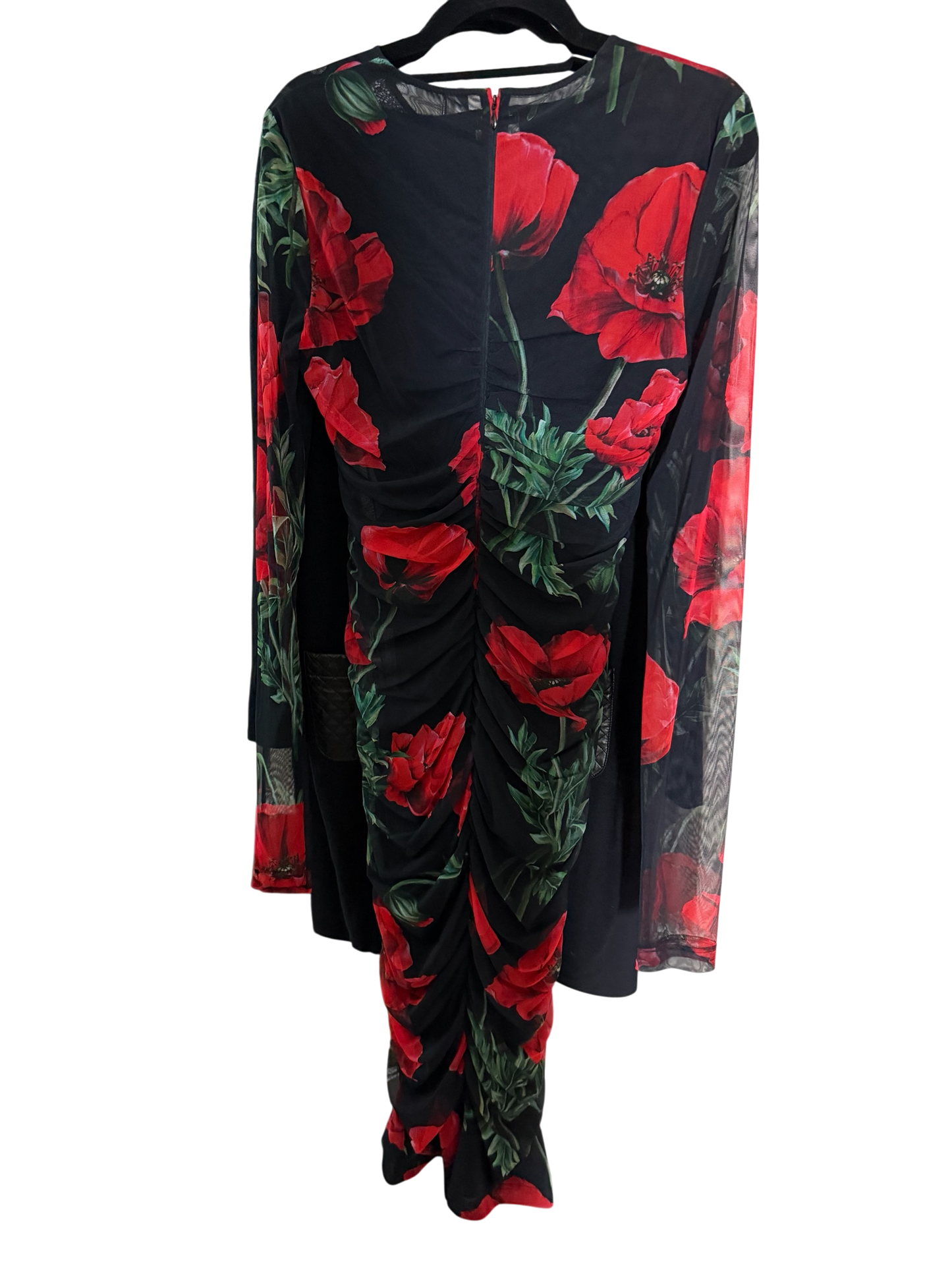 Dolce & Gabbana Poppy Print Ruched Mesh Midi Dress Black Red Floral | NWT | IT 48 / US 12