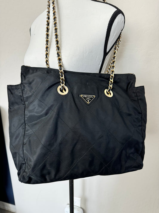 PRADA Black Nylon Tessuto Chain Shoulder Bag with Gold Hardware (Pre-Loved)