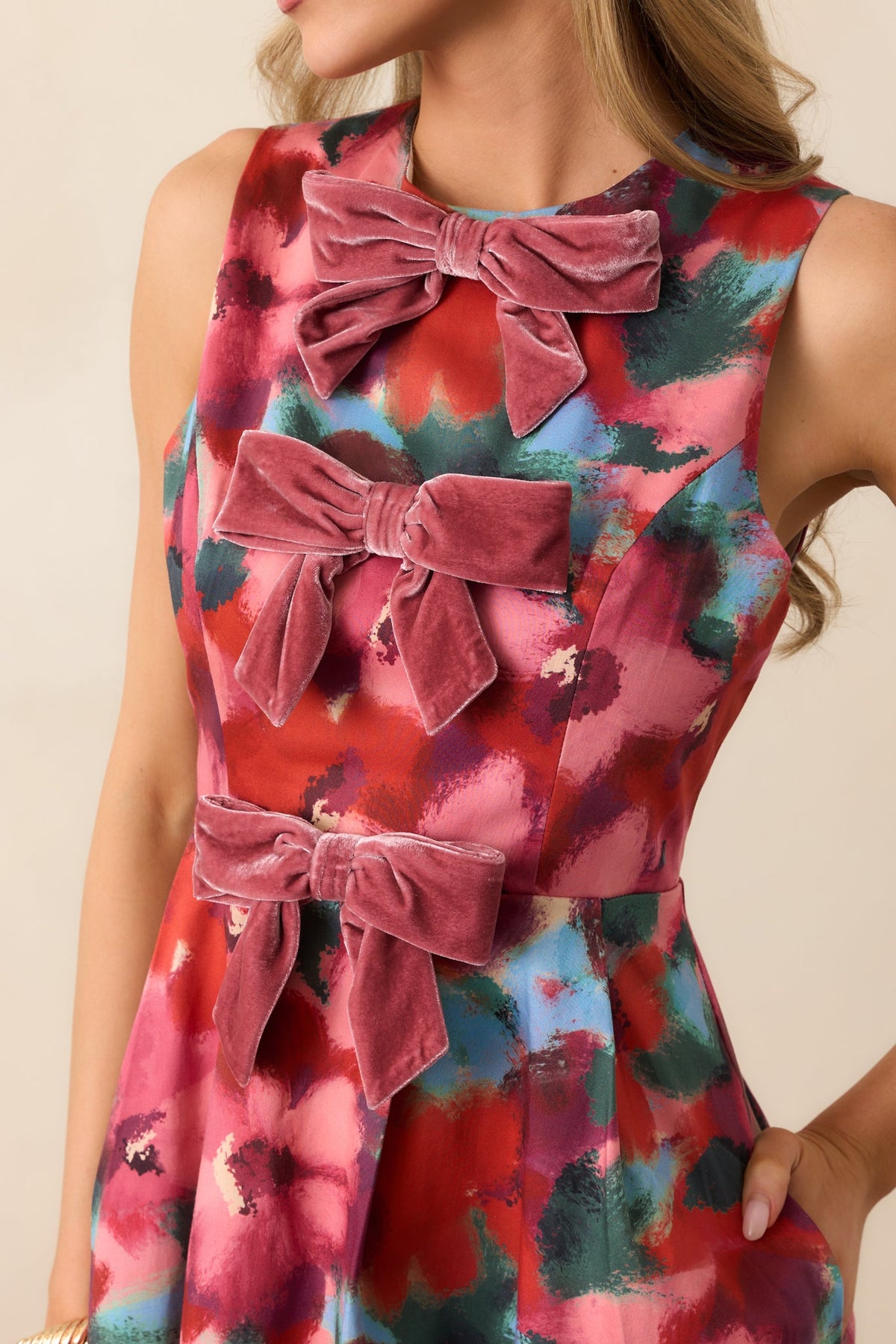 Prosperina Abstract Floral Velvet Bow Mini Dress – Size Large NWT