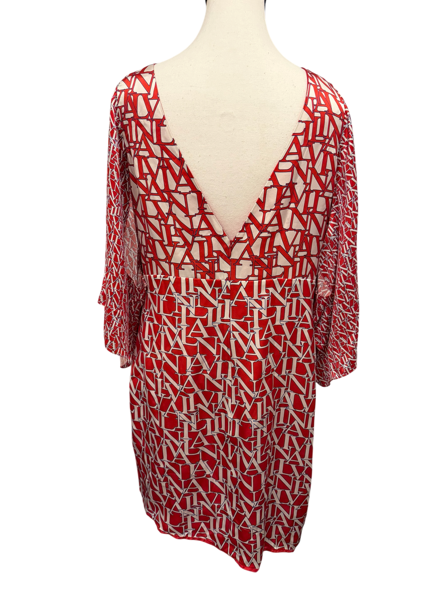 Lanvin Ruby Silk Logo Print Dress with Sheer Sleeves Size 48/US 12