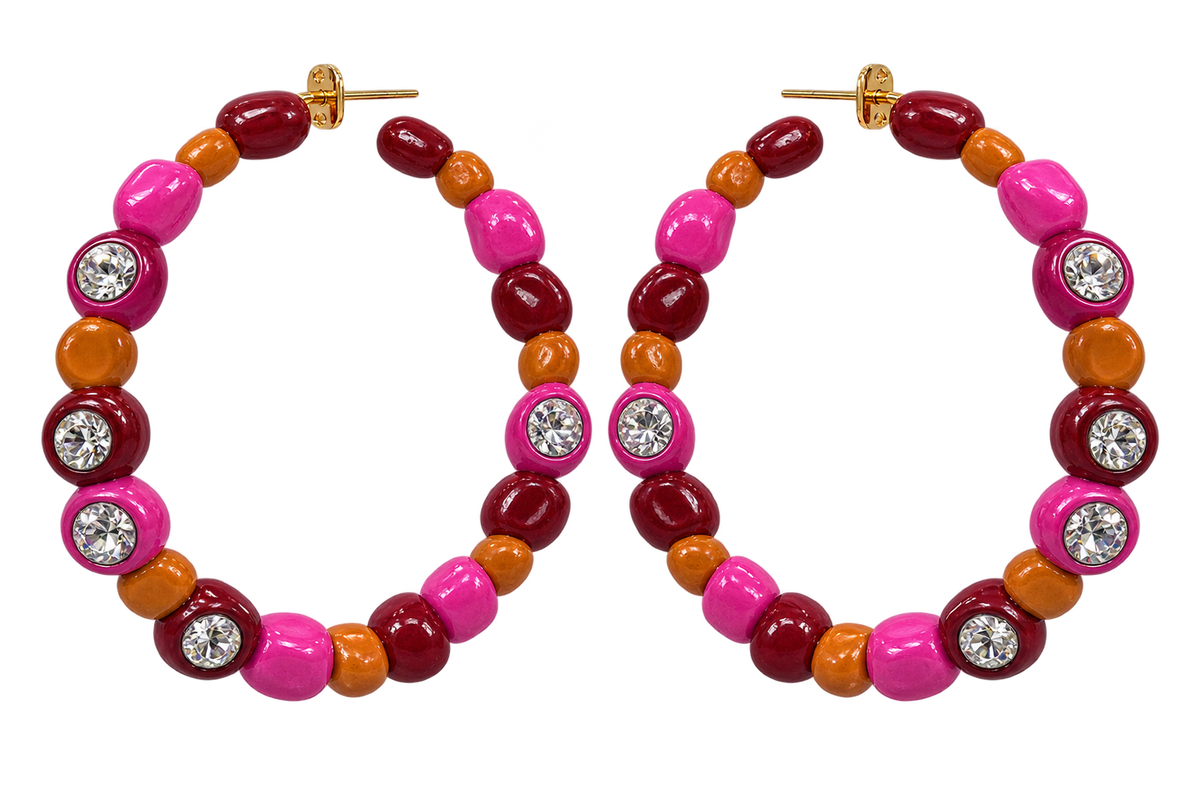 Marni Crystal-Embellished Beaded Hoop Earrings | Pink, Burgundy & Orange | New with Dustbag