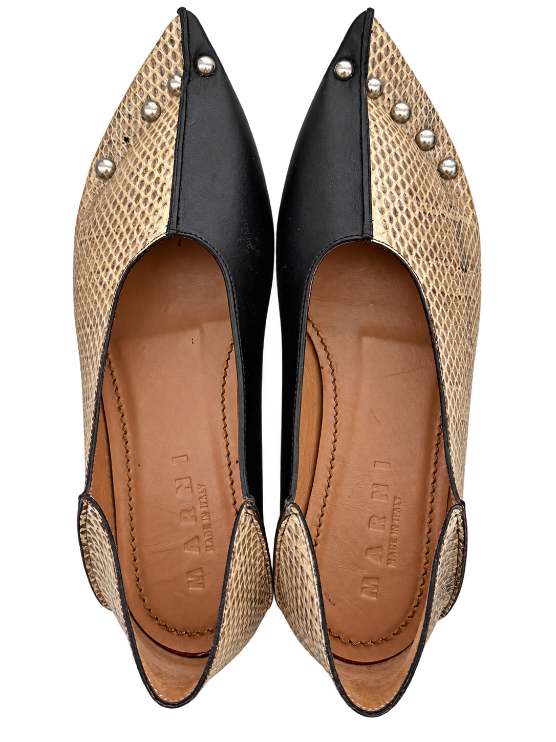 Marni Studded Pointed-Toe Flats Black & Snakeskin Print | Size: 37 | New in Box | $950