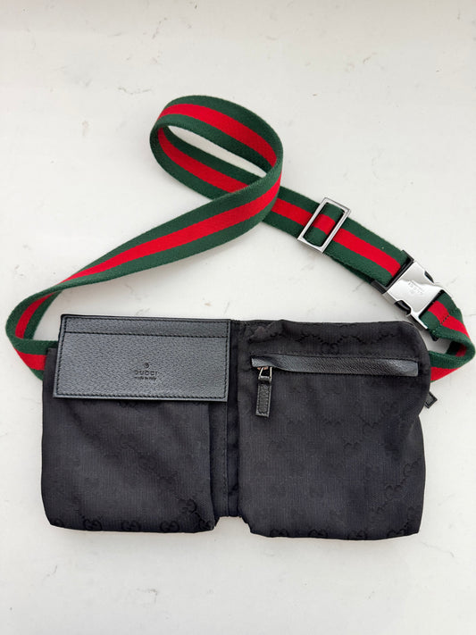 GUCCI Black GG Canvas Black Double Pocket Waist Pouch (Pre-Loved)