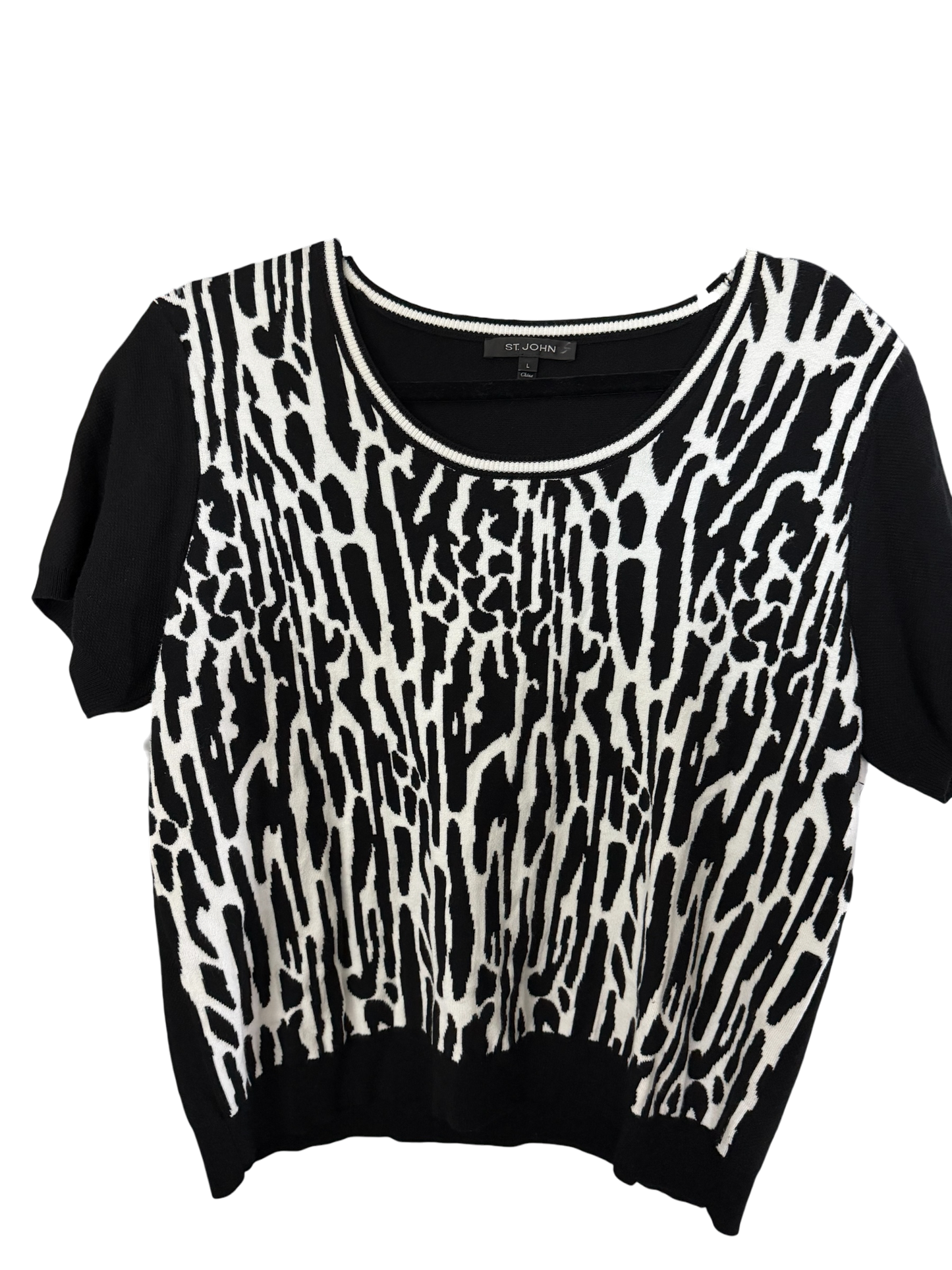 St. John Black & Ivory Abstract Animal Print Knit Top Size L Large Short Sleeve