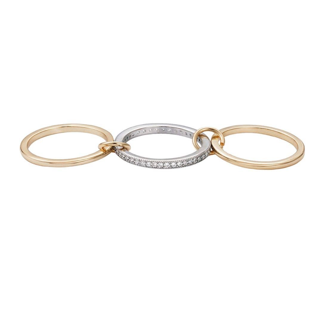 14k Gold and Silver Plated Connected 3-Piece Ring Stack: 7