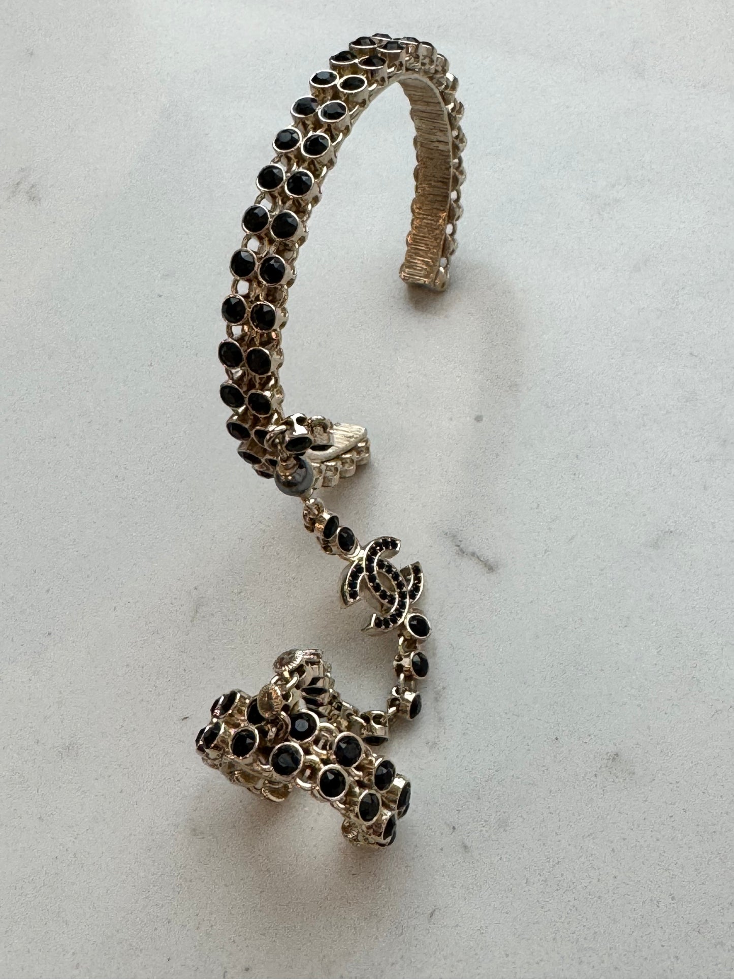 Chanel Gold Black Crystal Cuff Bracelet with Ring