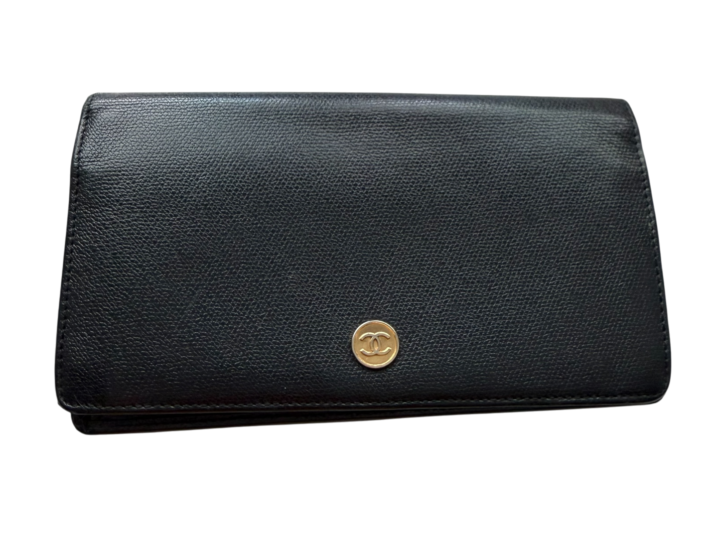 Chanel Vintage Coco Button Long Bifold Wallet – Black Caviar Leather | Gold CC | 10 Series